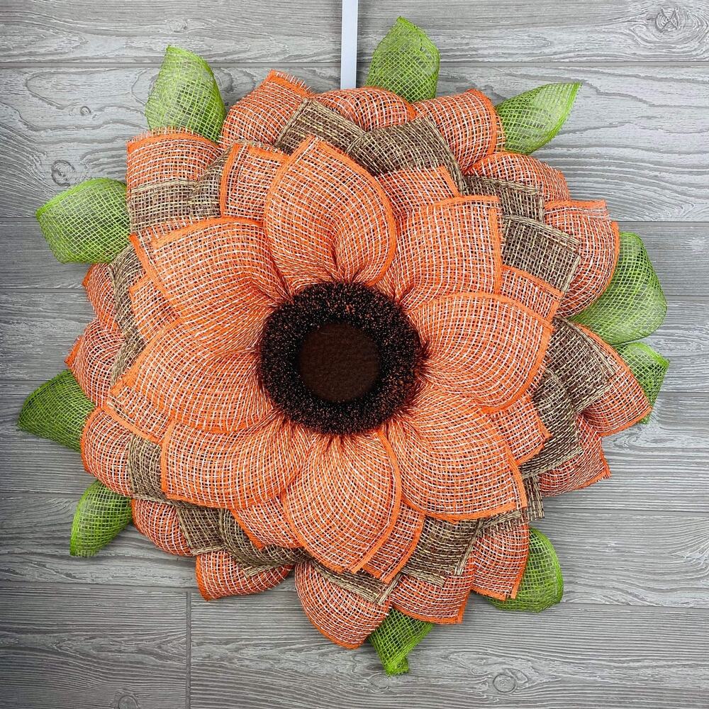 Flower Door Hanger, Large Spring Wreath, Orange and Burlap Wreath, Spring Farmho